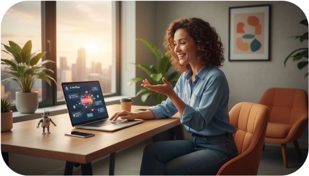 A friendly small business owner using AI automation tools on a laptop in a modern office, vibrant and approachable style