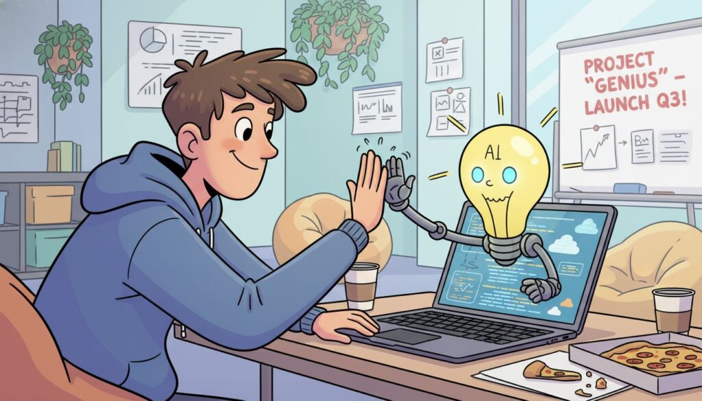 Humorous cartoon of a SaaS founder high-fiving a friendly AI assistant on a laptop, bright startup office, playful style