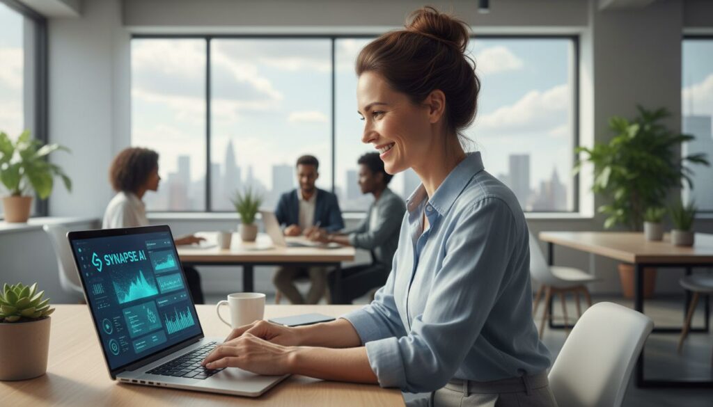 A friendly SaaS founder using an AI dashboard on a laptop in a bright modern office